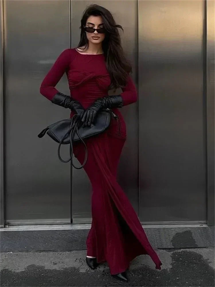 Vestido largo plisado sexy de mujer Tossy, retazos, retorcido, ajustado, manga larga, color sólido, estilo Y2k, para otoño, ropa de calle, vestido ajustado para mujer