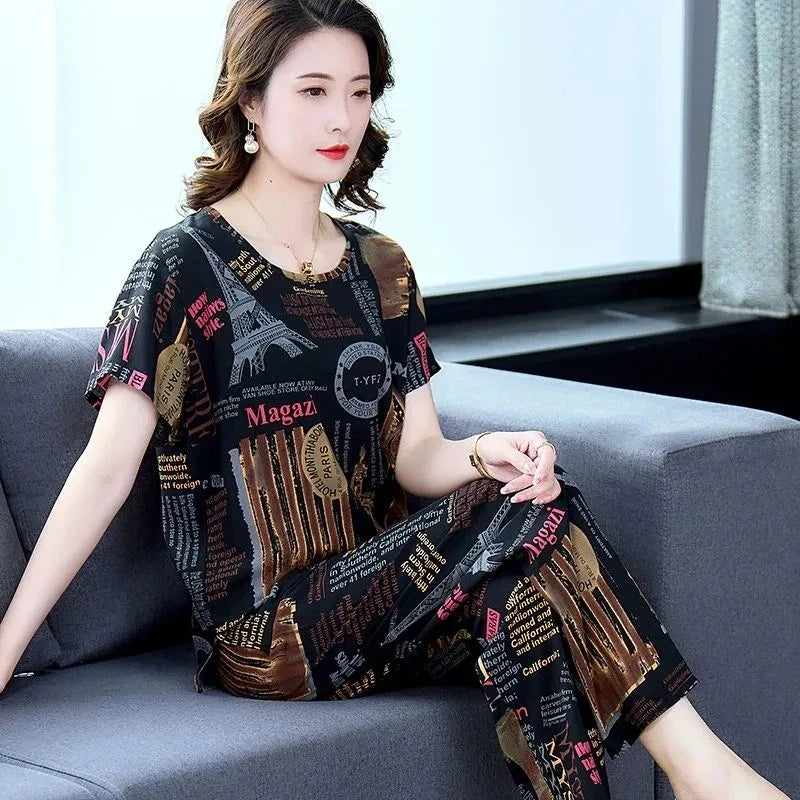 Women Summer Sets NEW Middle Aged Elderly Mother Cotton Silk Suit Casual Print Short Sleeve Top + Pants 2 Piece Set Femme Outfit
