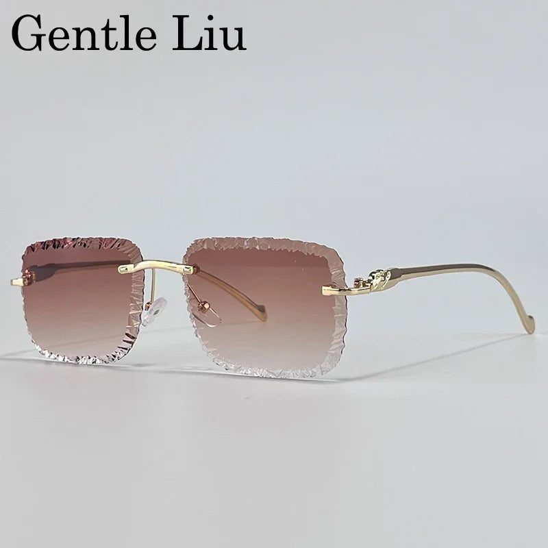 Fashion Square Rimless Punk Sunglasses Men 2025 Luxury Brand Cut Edge Frameless Sun Glasses For Male Leopard Head Eyewear Shades