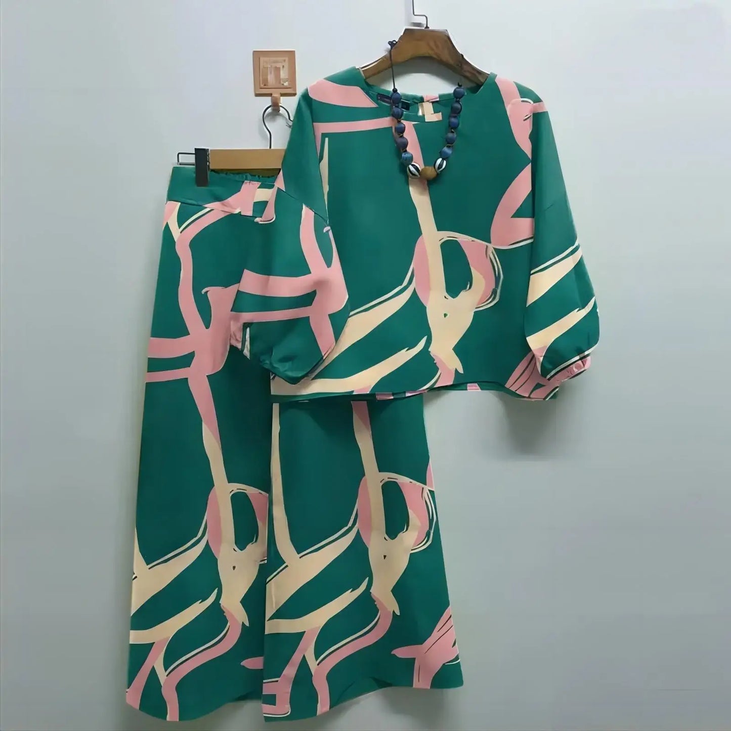 Print Suit Women Two Piece Pant Sets Long Sleeve Round Neck Tops Shirt Wide Leg Pants Loose Elegant Lady Bohemian Suits