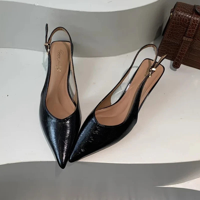 SUOJIALUN Summer New Women Sandal Fashion Pointed Toe Shallow Slip On Ladies Elegant Slingback Shoes Thin Med Heel Dress Mules