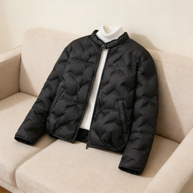 Schinteon Women White Duck Down Lightweight Puffer Quilted Jacket Stand Collar Fashion Autumn Winter Short Coat 2026 New