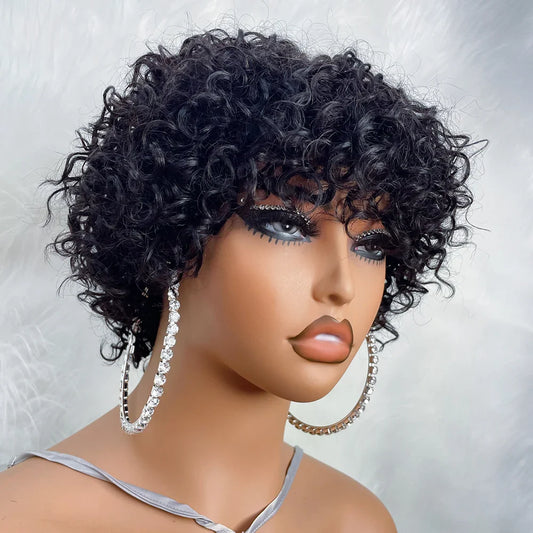Pelucas de Cabello Humano Pixie Cut para Mujeres Negras, Rizos Afro Rose Funmi sin Pegamento con Flequillo, Peluca Corta Bob Rizado Voluminoso con Flequillo