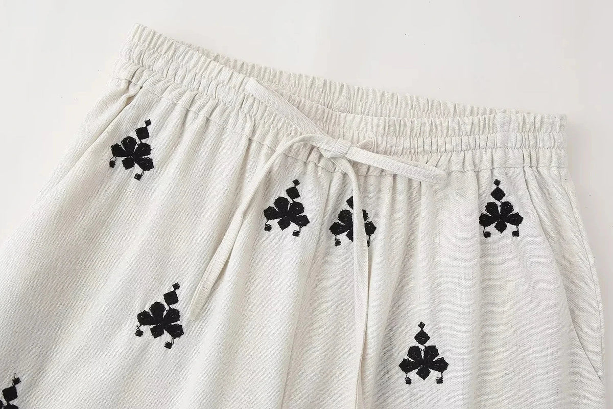 Foridol Geometric Pattern Embroidery Long Pants Women Wide Leg Beige Casual Summer Pants Elastic Waist Drawstring Pants 2025