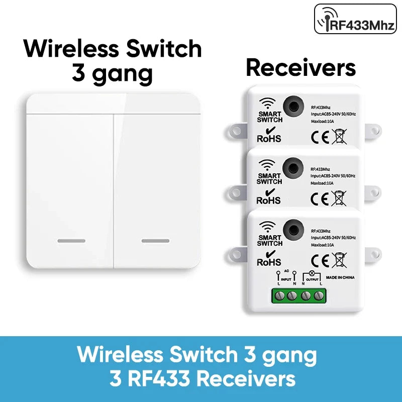 TNCE RF433 Relay Receiver,Wireless Light Switch 433Mhz Mini Remote Control,1/2/3Gang Wall Transmitter Switch, Led Lamp Fan Smart