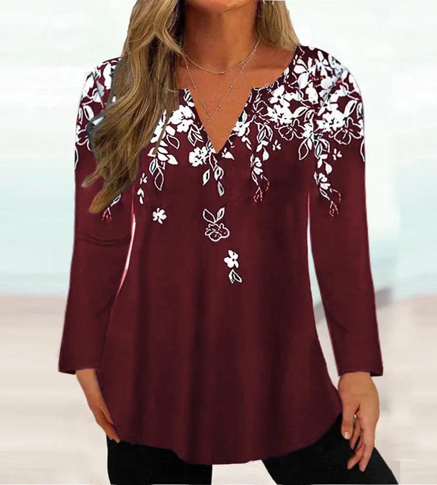 Plus-size women's casual floral print V-neck long-sleeve T-shirt top