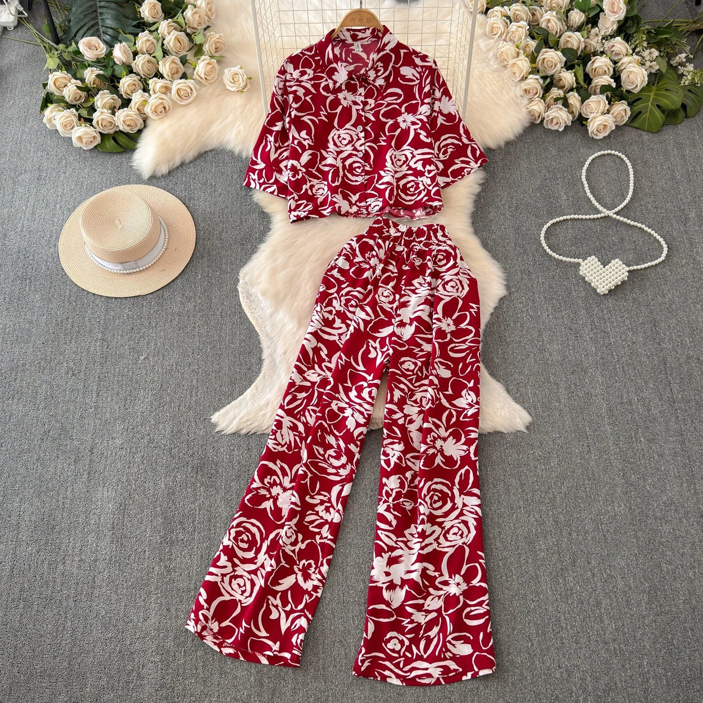 Beach Style Fashion Printed Women Pant Sets 2pcs Short Chiffon Shirts+Wide Leg Pants 2025 New Summer Casual Loose Female Suits