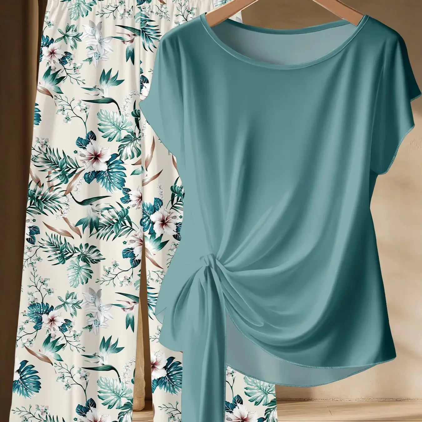 Summer Plus Outfit, Fresh and Casual Two-Piece Set, Short Sleeved Twisted Top + Tropical Plant Print Wide Leg Pants
