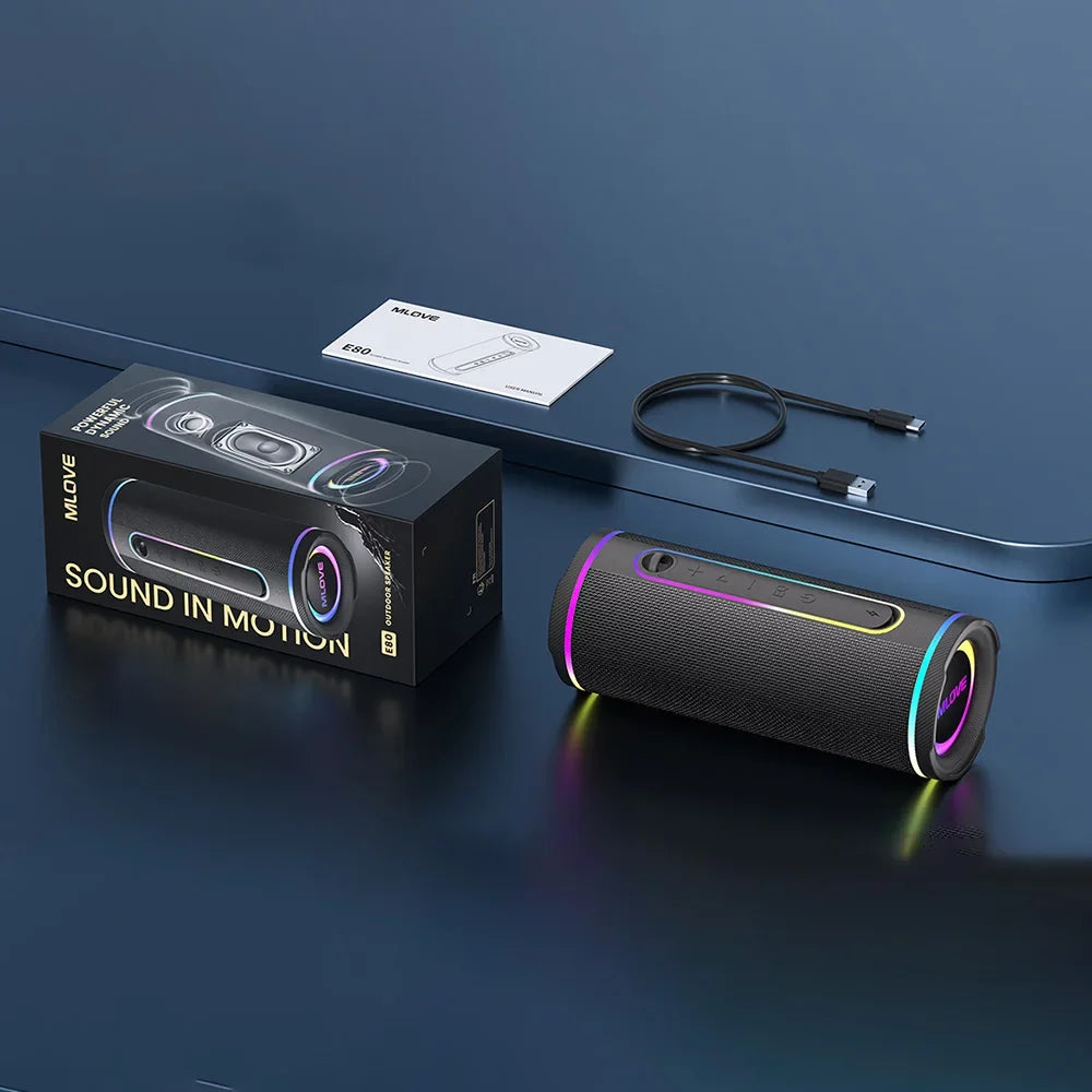 MLOVE E80 Portable Bluetooth Speaker – Powerful Dual Sound, Colorful RGB Lighting, Fully Waterproof (IPX7), TWS Enabled