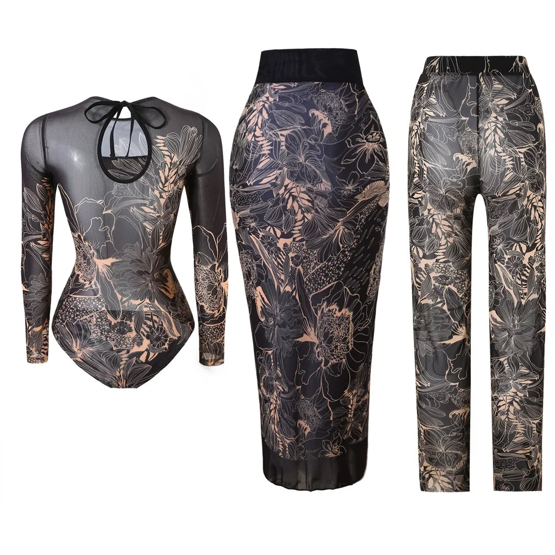 S - XXL 3PCS New Printed Long Sleeve With Pants Sarong Women Swimwear One Piece Swimsuit Female Bather Bathing Suit Swim K7180