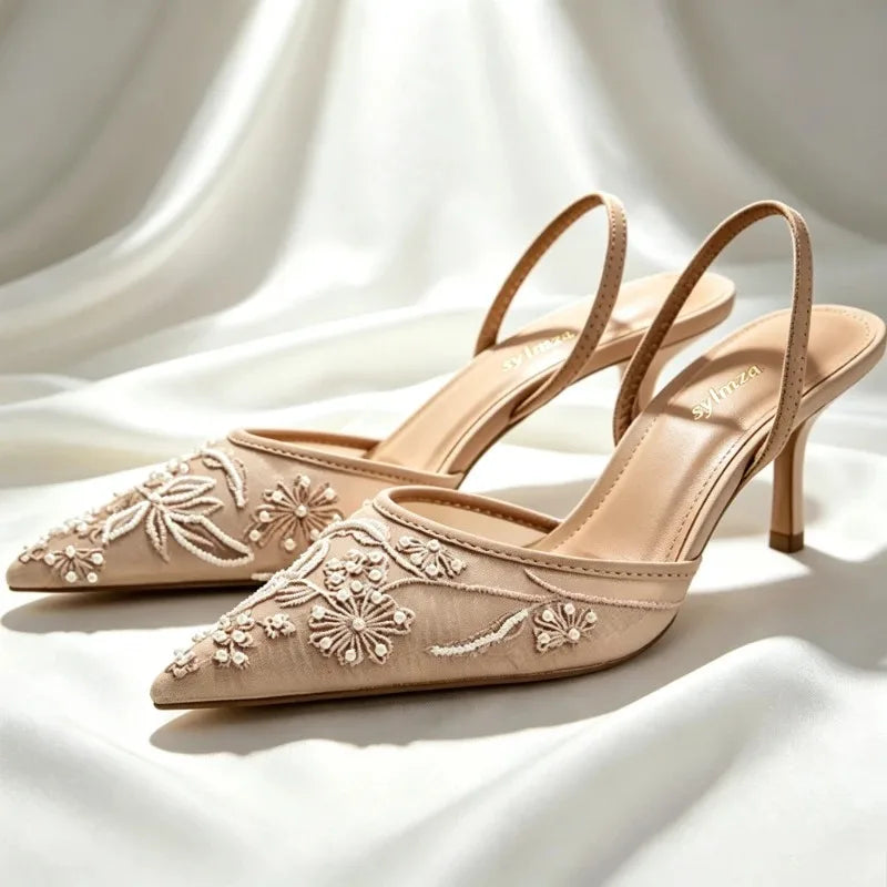 Mesh Embroider String Bead Detail High Heels Women Sexy Brown Pointed Toe Back Strap Heeled Sandals Summer Elegant Women Shoes