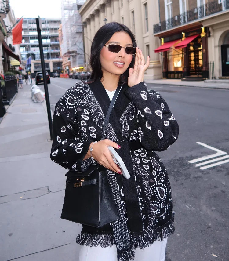 Casual Printed Cardigans Women Tassel Lace Up V-neck Full Sleeve Loose Knit Coat Female 2026 Autumn Fashion Lady Outwears