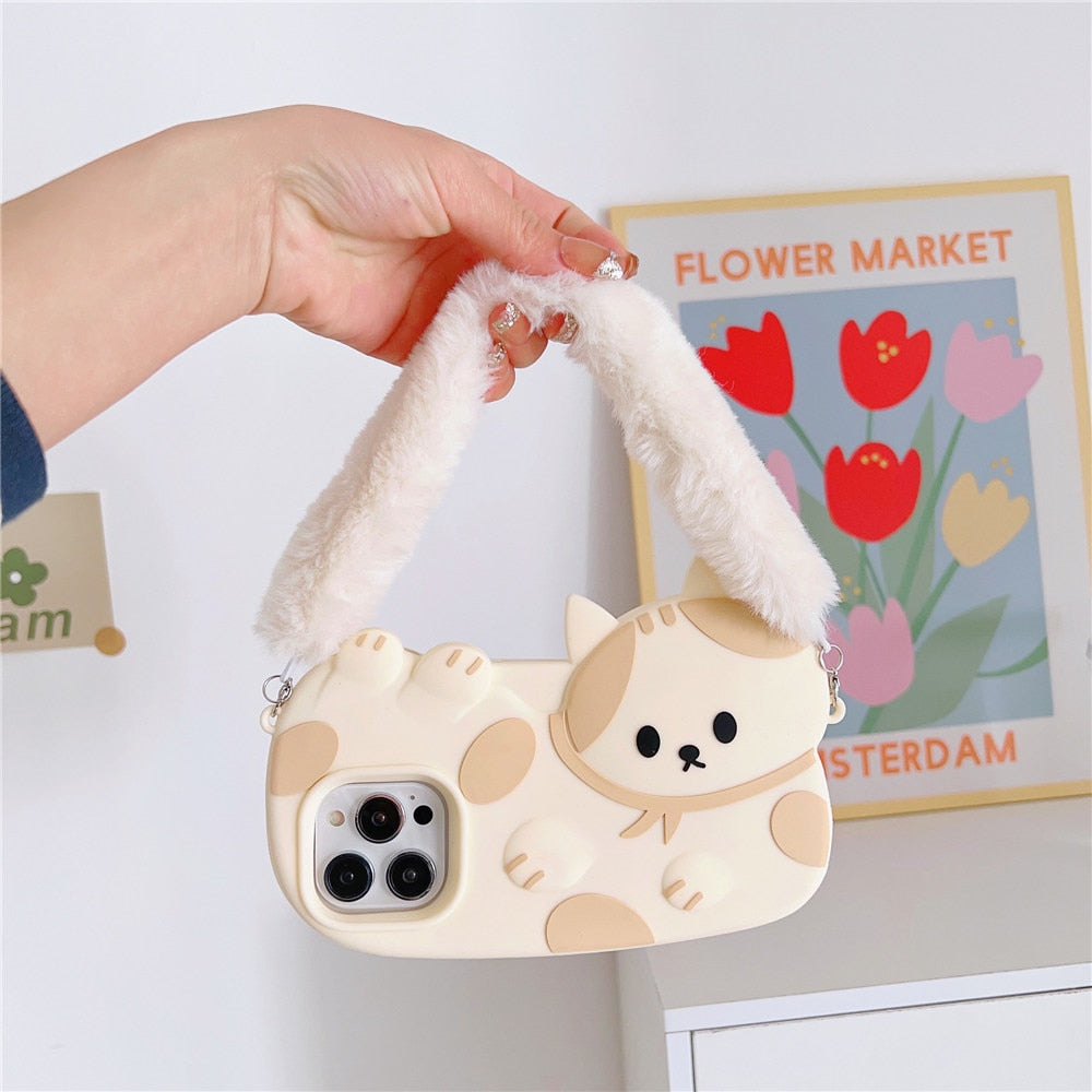 Funda para iPhone de gato con correa de peluche