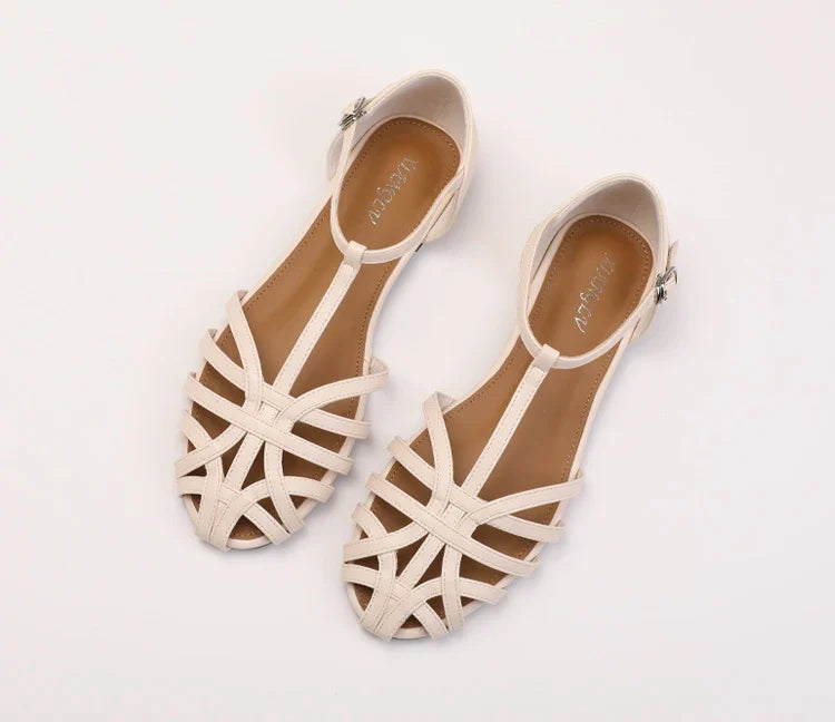 ZAROY Women's Sandals Summer Casual Footwear T-tied Cross Strap Flat Sandals Weave Hollow Roman Sandalia Zapatos сандали