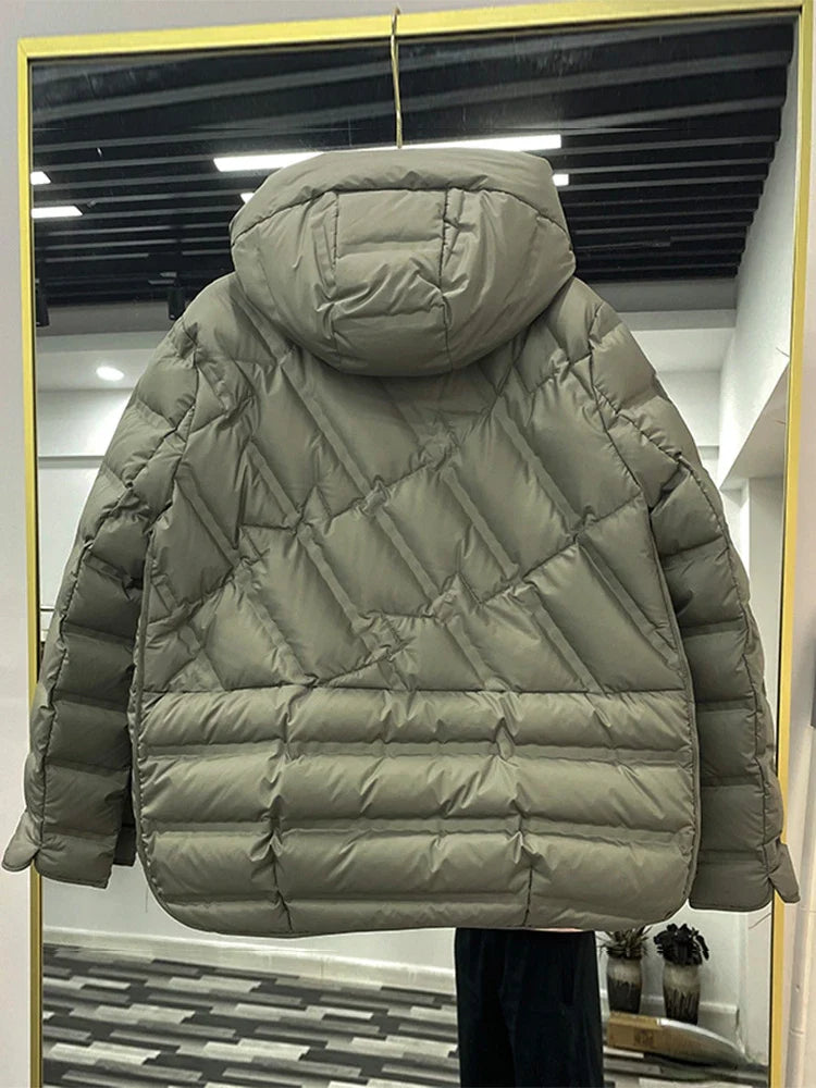 Winter Women 90% White Duck Down Coat Female Stand Collar Single-Breasted Puffer Jacket Casual Loose Hooded Parkas Coat Women