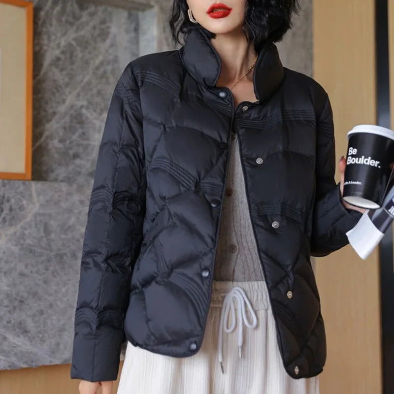 Women's Winter Short Down Jacket Stand Collar Plaid Solid White Duck Down Coat Lady Puffer Jackets  max mara пуховик JK-229