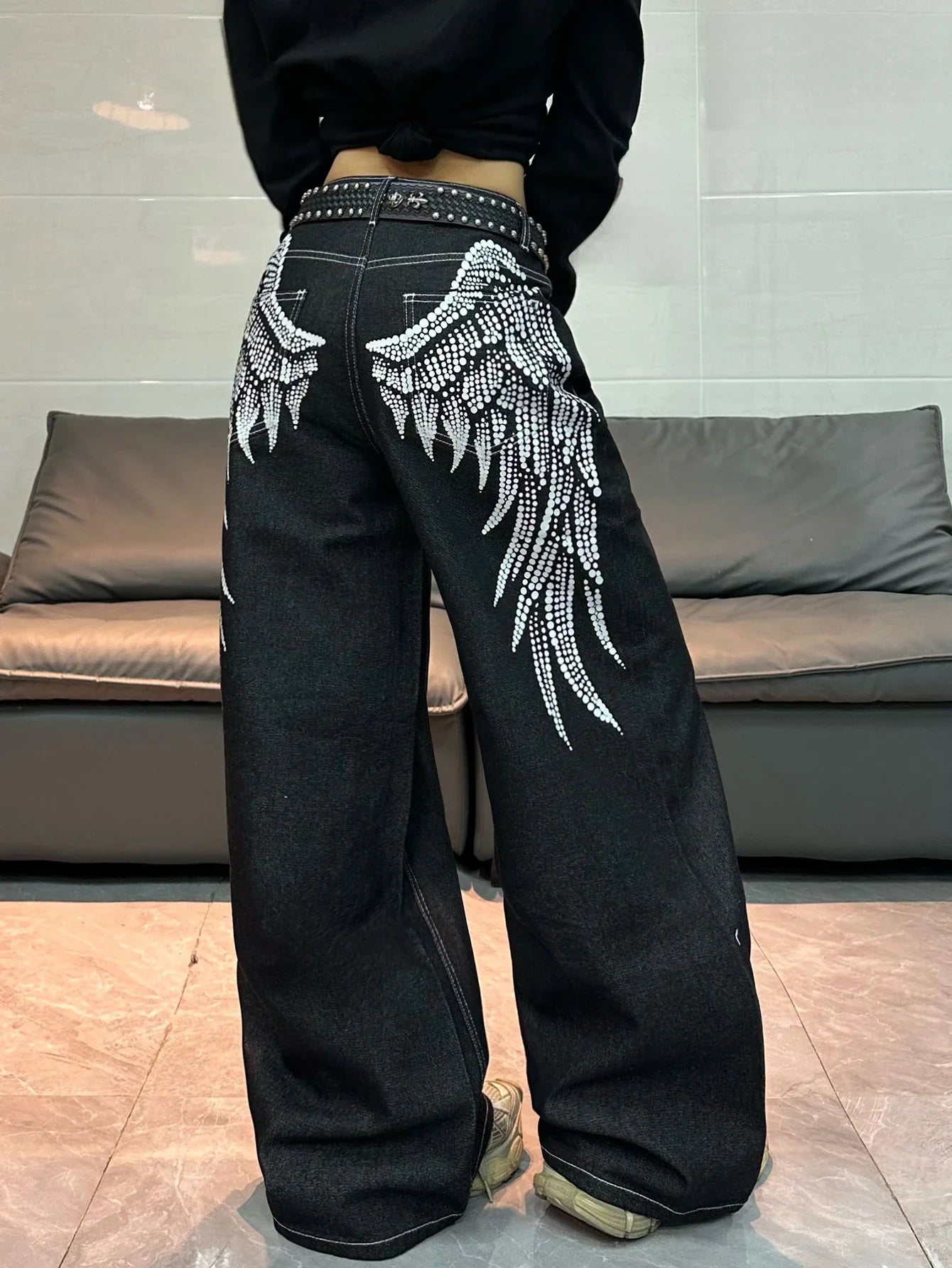 1 Pc American Retro Wing Print Loose Jeans, Street Trend Fashionable