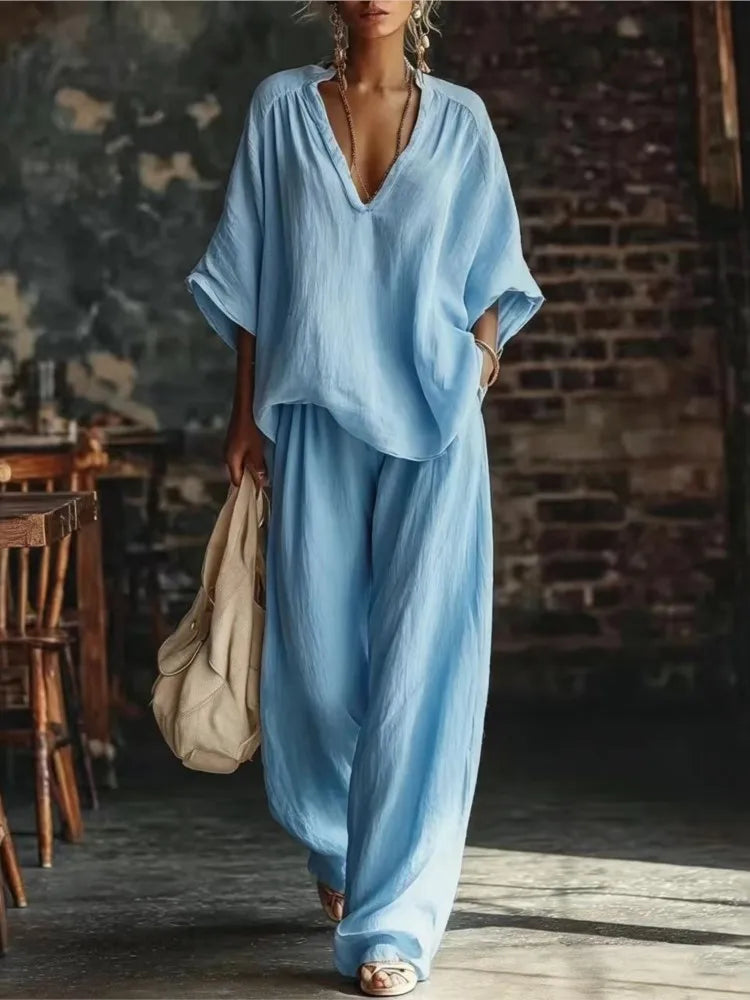 Fashion V-neck Short-sleeved Loose Top Women's Suit Summer New Casual Retro Female Vacation Lazy Trousers 2-piece Set 2026