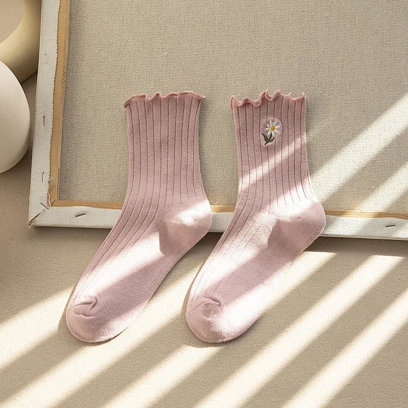 New Women Socks Korean Style Flower Trend Casual Cotton Socks Girls Frilly Ruffle Cute Sweet Breathable Kawaii Crew Socks Girls