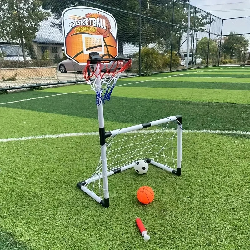 2-in-1 Kids Soccer Goal and Basketball Hoop Set Portable Indoor Outdoor Sports Game Toy for Toddlers Boys