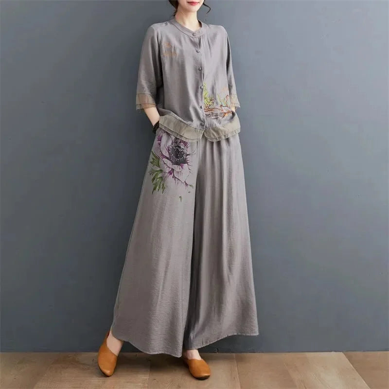Spring Summer Women Leisure Large Size 5XL 2PCS Middle Aged Mother Mother Cotton Linen Suit 2025 Female Embroidery Two-piece Set