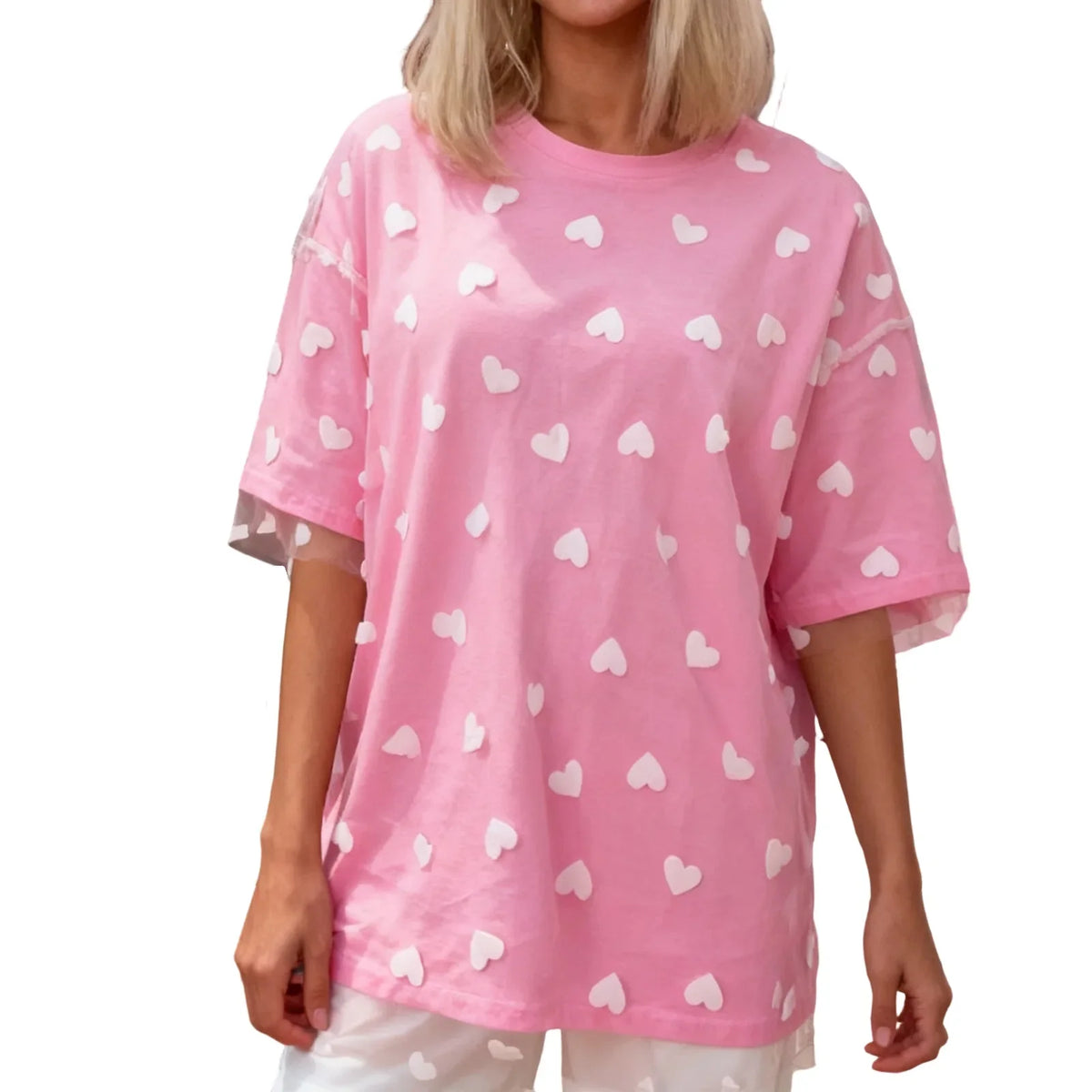 Summer T-Shirt Women Casual Loose Fit Stylish Love Heart Print Crew Neck Short Sleeve Tops