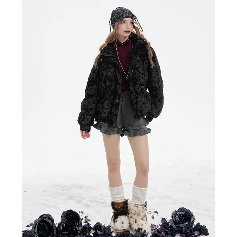 ELFSACK 2025 Puffy Down Coat Women Jacquard Embroidery Waist Gathered Gothic Royal Vintage Y2K Winter Long Puffer Jacket