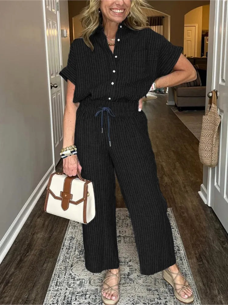 Classic Spring Autumn Cotton Linen Striped Printed Short Sleeve Shirt 2 Piece Set Retro Casual Loose Waist Trousers Women's Suit
