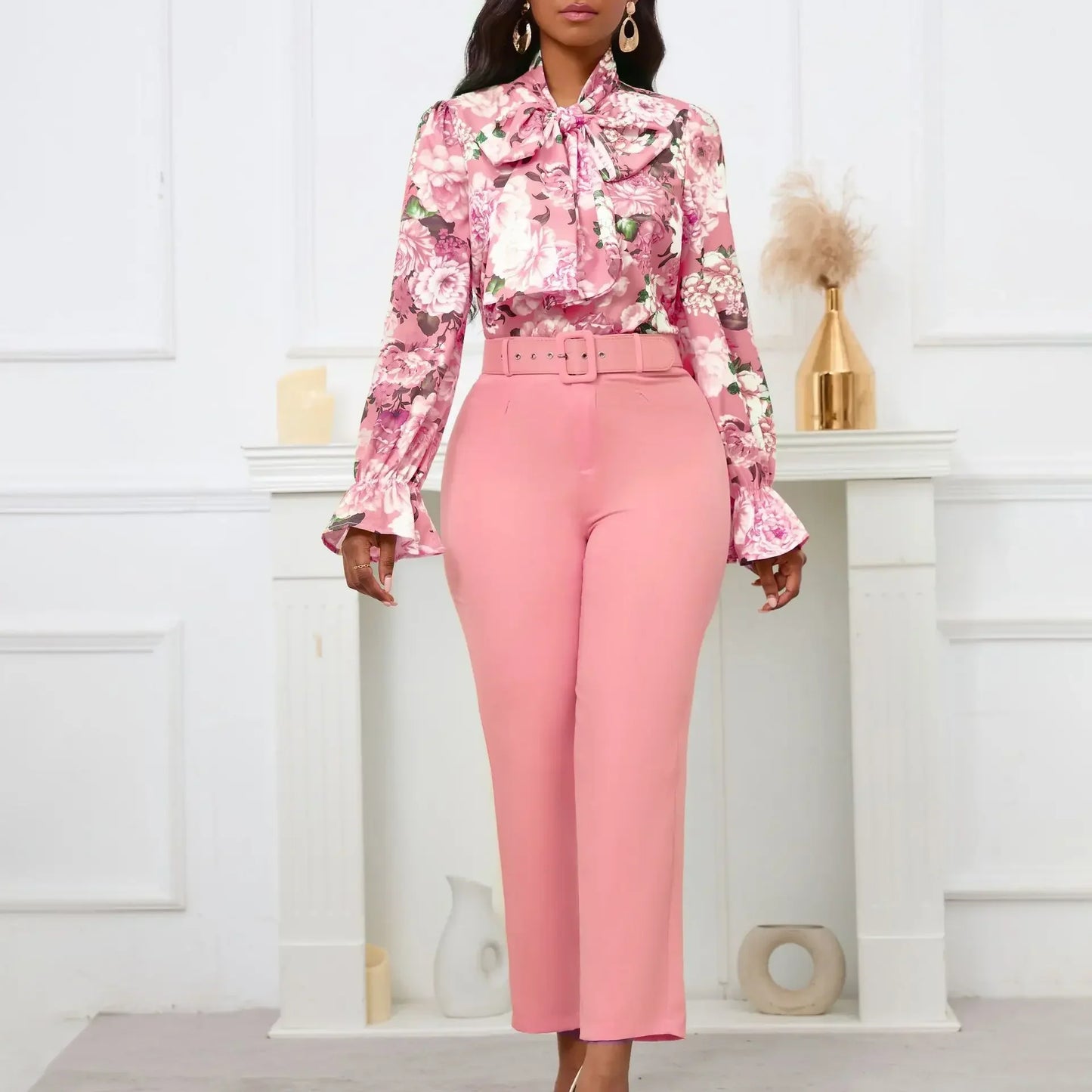2 Piece Set  Clothes for Women Spring Clothing 2024 New Plus Size Outfit Print Shirt Pants Matching Sets With Belt