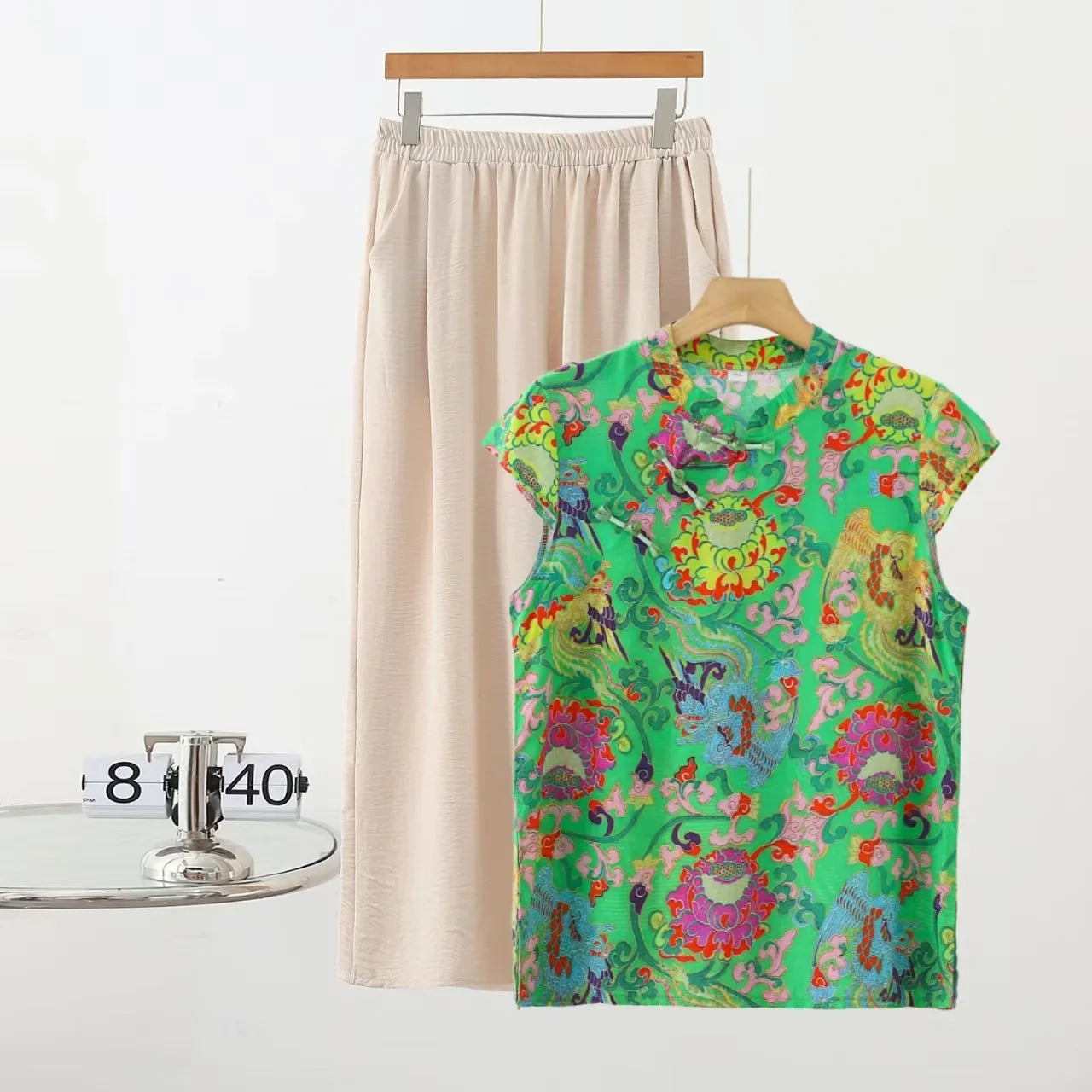 Summer Cotton-silk blend Cheongsam 2 Pcs Set Loose Short Sleeve Frog Closure Tops and Wide leg Pants New Chinese Style Plus size