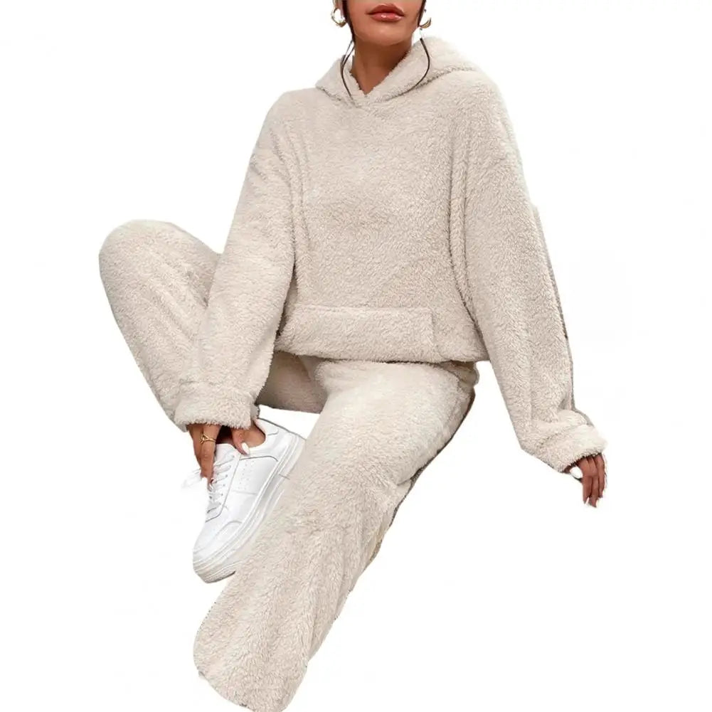 Women's Fuzzy Fleece Pajamas Set Winter Plush Pullover Hoodies And Pants Lounge Set Fluffy 2 Piece Sleepwear