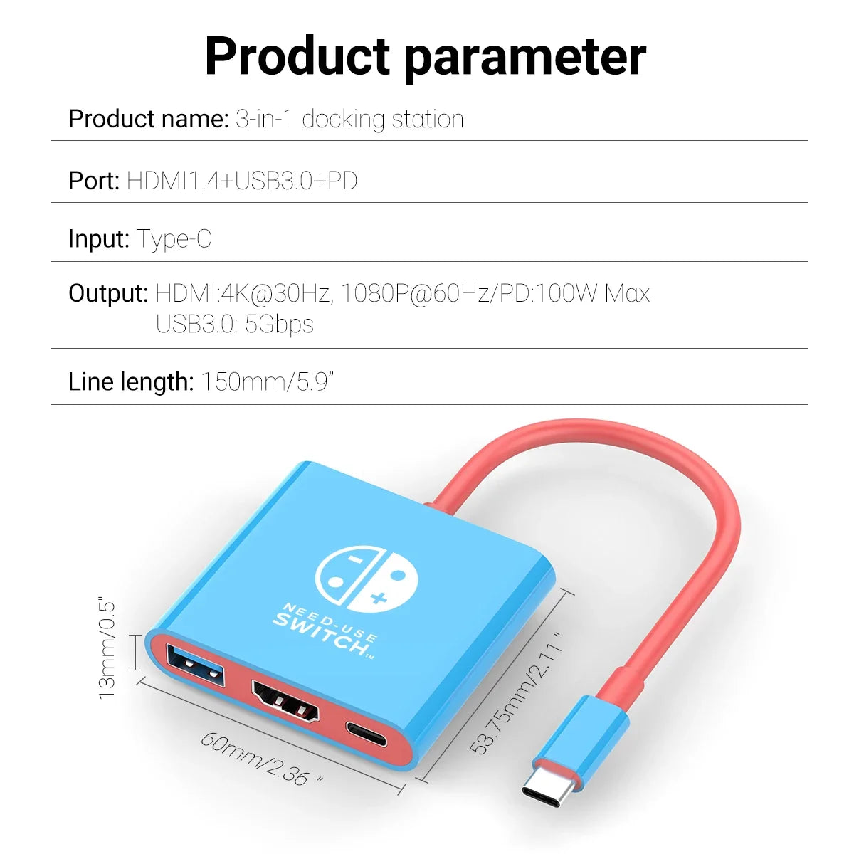 3 in 1 USB C Docking Station 4K HDMI GAME HUB Adapter 100W PD USB 3.0 Hub for Switch, MacBook & Phones