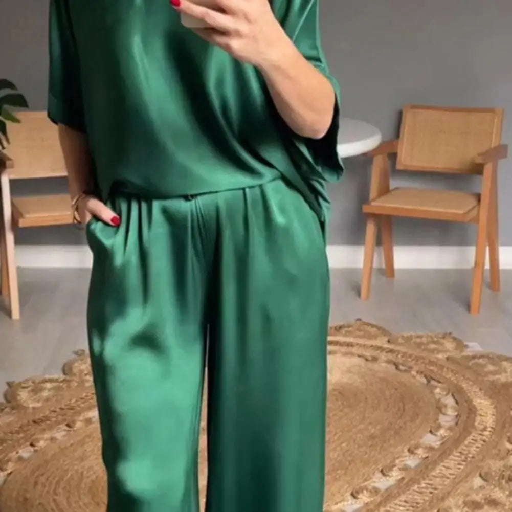 Summer Short-sleeved T-shirt Two-piece Set For Women V-neck Top Pullover Wide-leg Pants Suit For Women Spring Loose Satin Suit