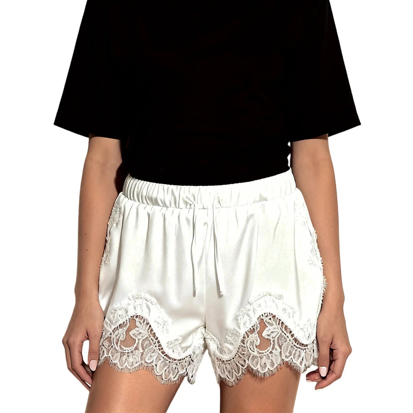 Women's Solid Color Satin Mini Shorts Lace Patchwork Drawstring Elastic Waist Casual Summer Lounge Shorts