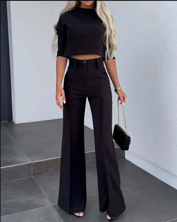 Casual Long Sleeve Shirt Pants Set Office Lady Spring Autumn Fashion Solid O-neck Tops Trousers Two Piece Set Women Outfit 2023