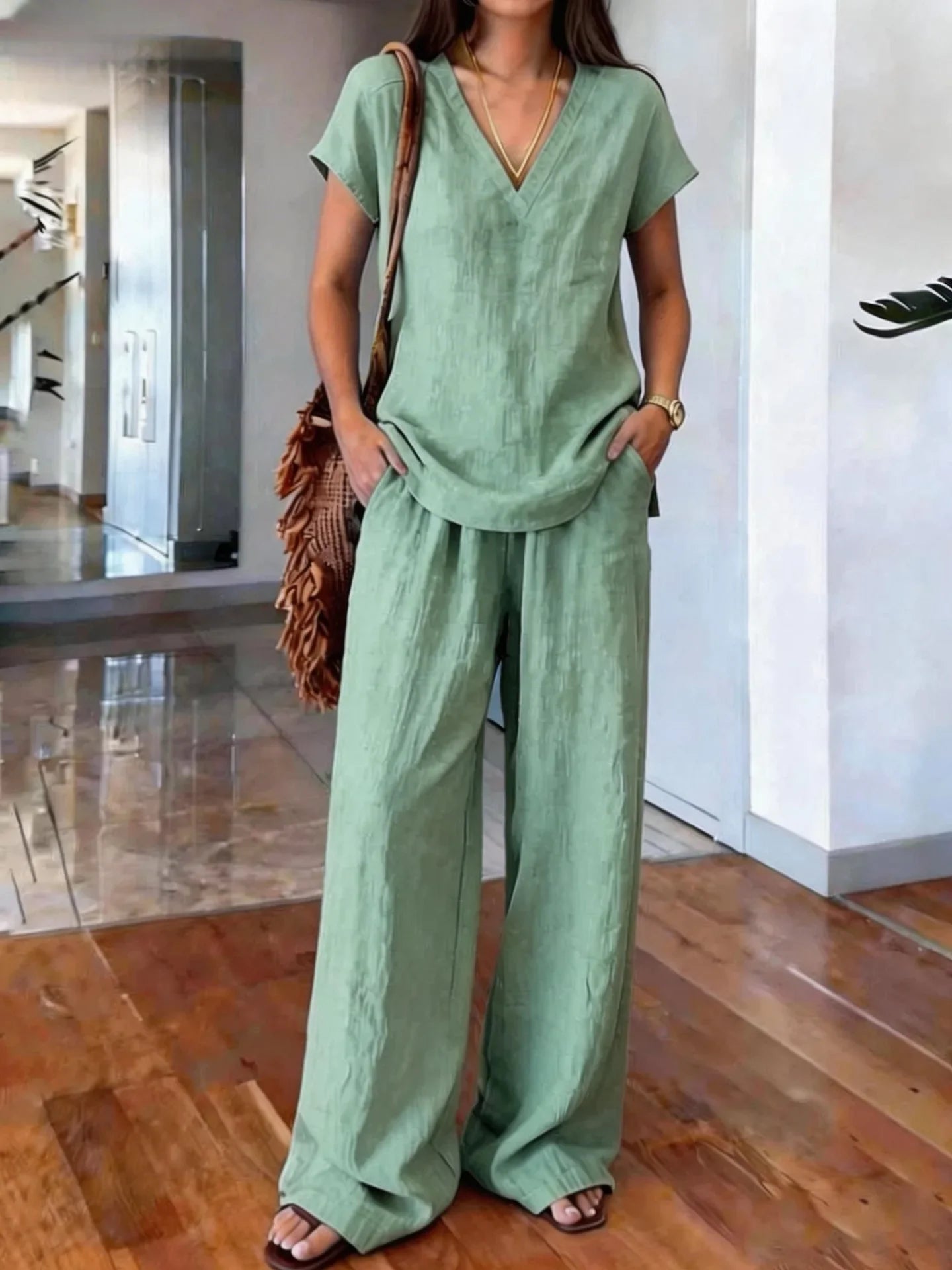 Loose Summer Trousers Set Solid Color Simple Daily Comfortable V-neck Short-sleeved Pullover Top Wide-leg Trousers Two-piece Set