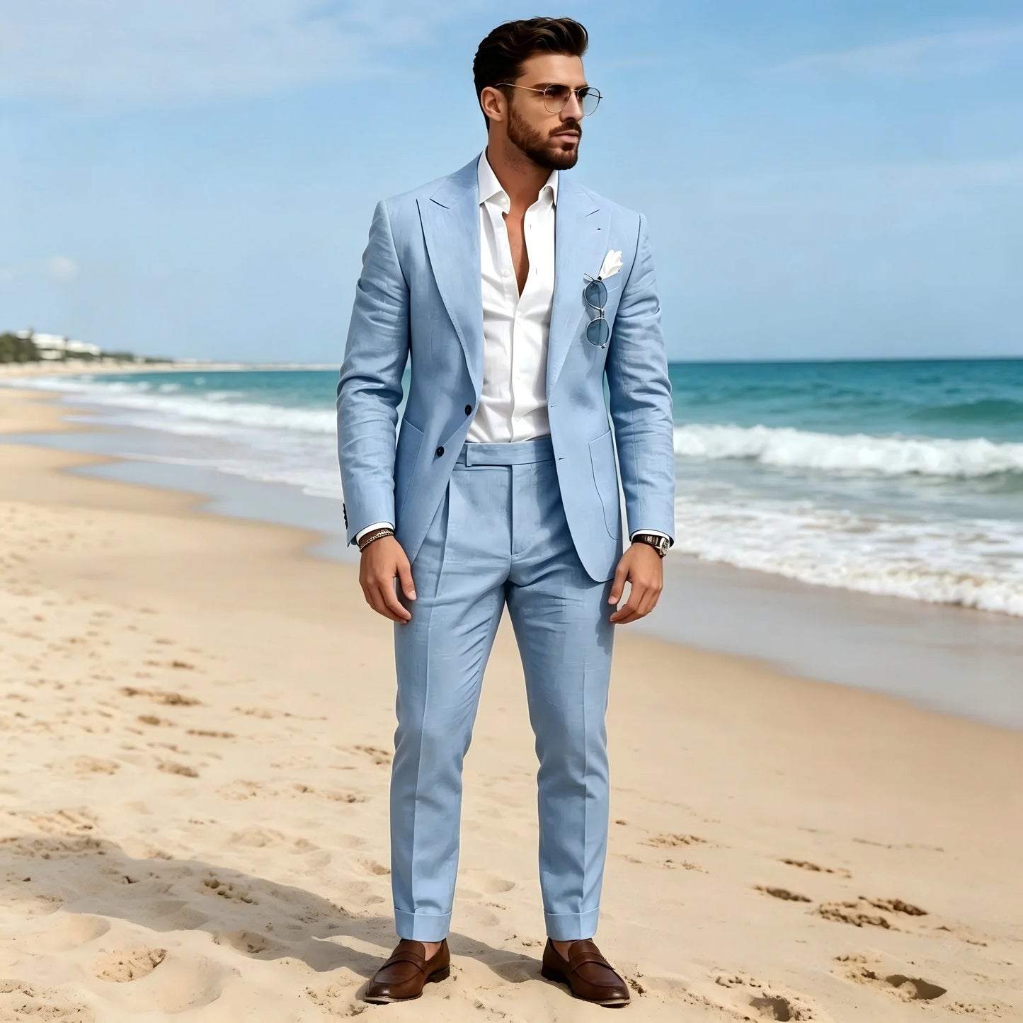 2 Pieces Beige Linen Men Suits Peaked Lapel Slim Fit Blazer Pants
