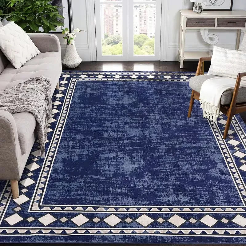 Navy Blue Area Rug Modern Geometric Border Print Carpet for Living Room Bedroom Non Slip Stain Resistant Foldable Accent Rug