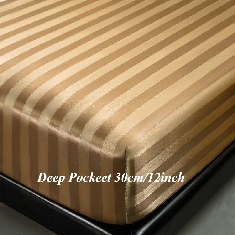 Luxury Satin Striped with Elastic Band Fitted Sheet Silky Soft Deep Pocket Bed Cover Standard Size Twin Full Queen King Bedding