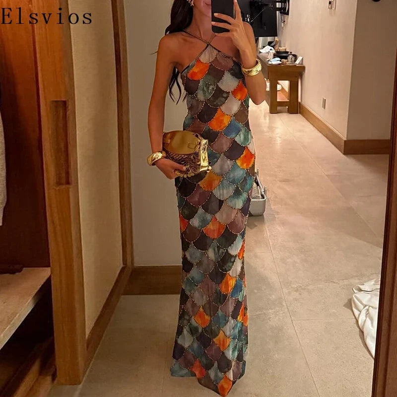 Sexy Bodycon Backless Halter Dress Elegant Colorful Block Full Length Evening Dress Fashion 2025 Slim Off Shoulder Party Dress