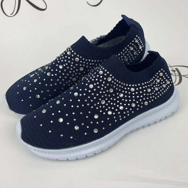 Women's Slip-On Crystal Sneakers 2025 Breathable Mesh Plus Size 35-43 Casual Flats Women Comfort Soft Sole Running Walking Shoes