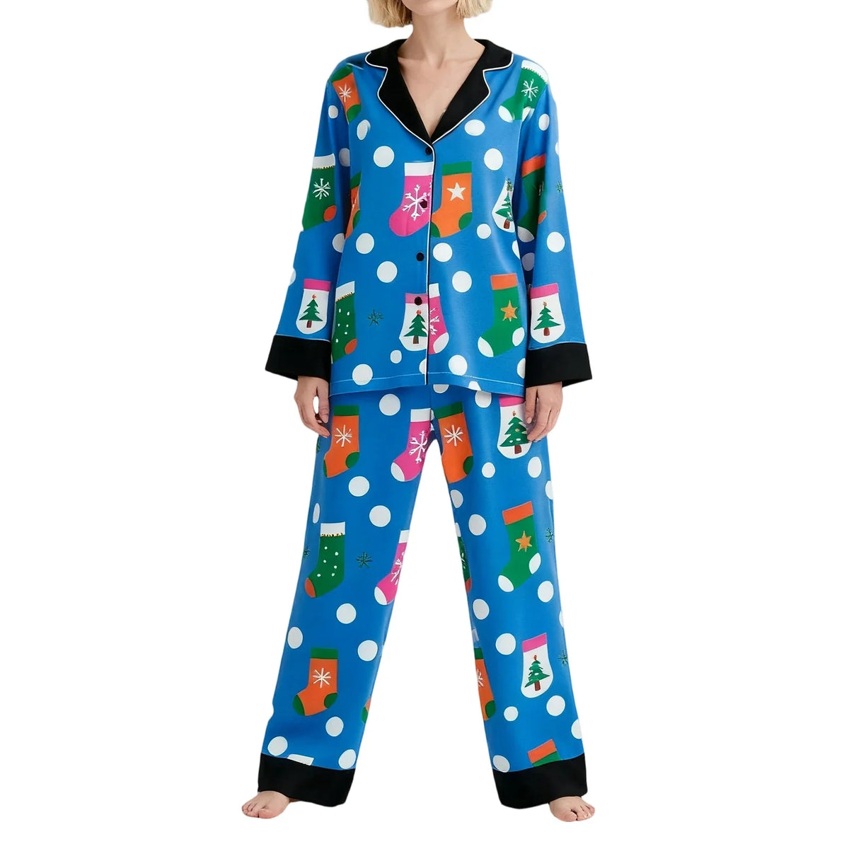Women's Christmas Pajamas Set Long Sleeve V Neck Stocking Tree Print Tops and Pants Lounge Wear Two Pieces Suits