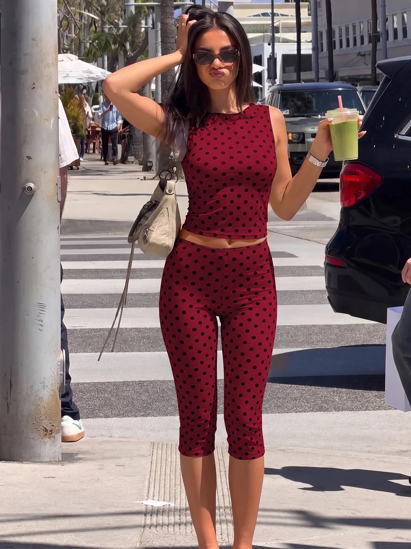 Dulzura Polka Dot Casual Sports 2 Piece Long Pants Set Backless Tank Top Slim Fit Long Pants Matching Set Vacation Street Outfit
