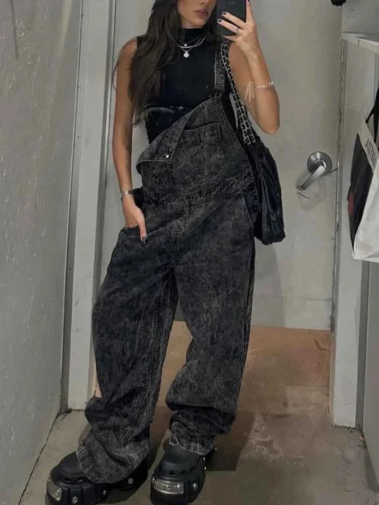 Aged Washed Wide-Leg Denim Strap Pants Women