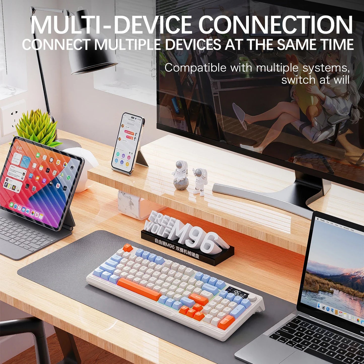 M96 Bluetooth Keyboard Wireless FREEWOLF Screen Gaming Keyboard Electronic Screen Multi-Device Connection Ergonomics Gaming