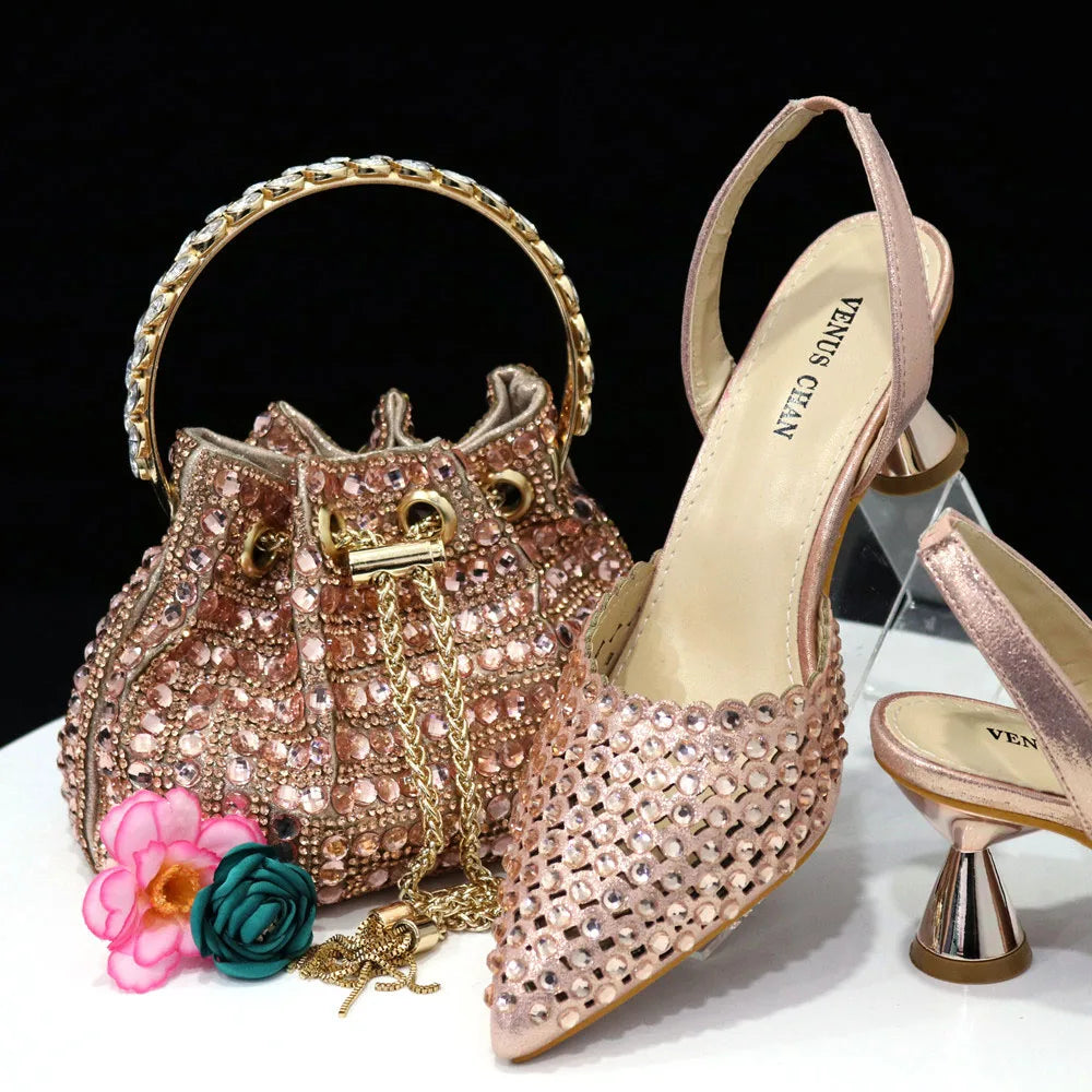Nuevo conjunto de zapatos y bolso de diseño de diamantes