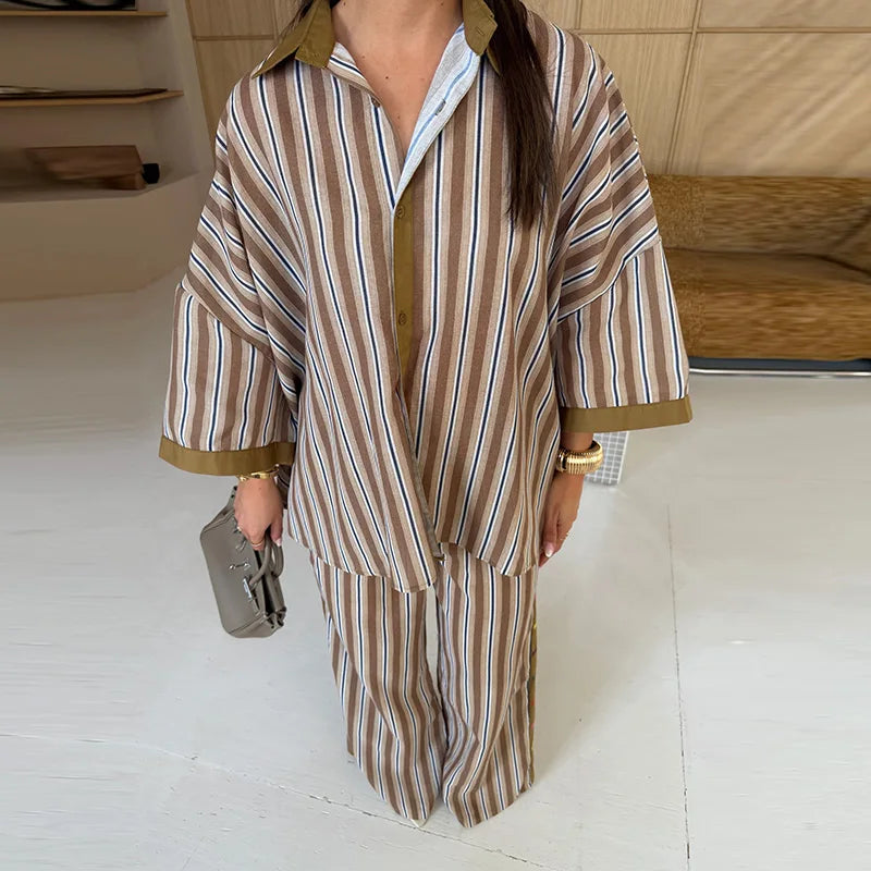 Casual Shirt Pants Women's Set Elegant Belt Long Sleeve Female Blouse Wide Leg Trousers 2026 Summer Autumn Lady Outfit New