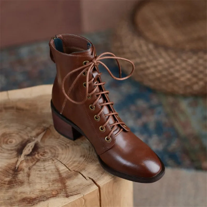 Women's Round Toe Split Leather Boots with Chunky Heels