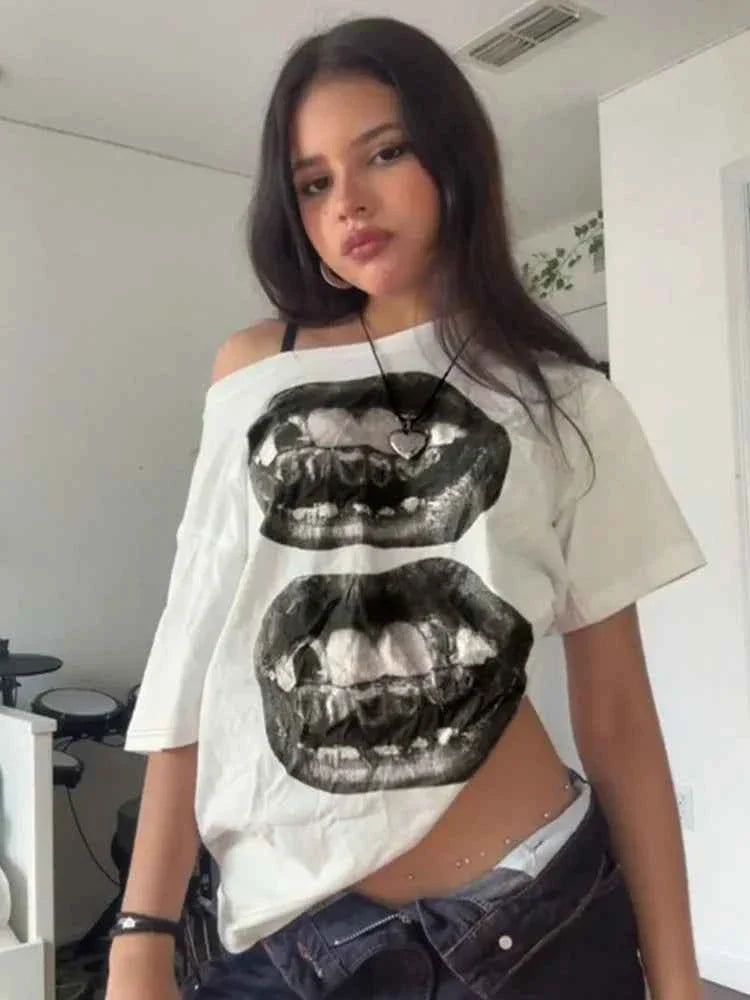 Women’s Streetwear Mouth Print Loose T-Shirt