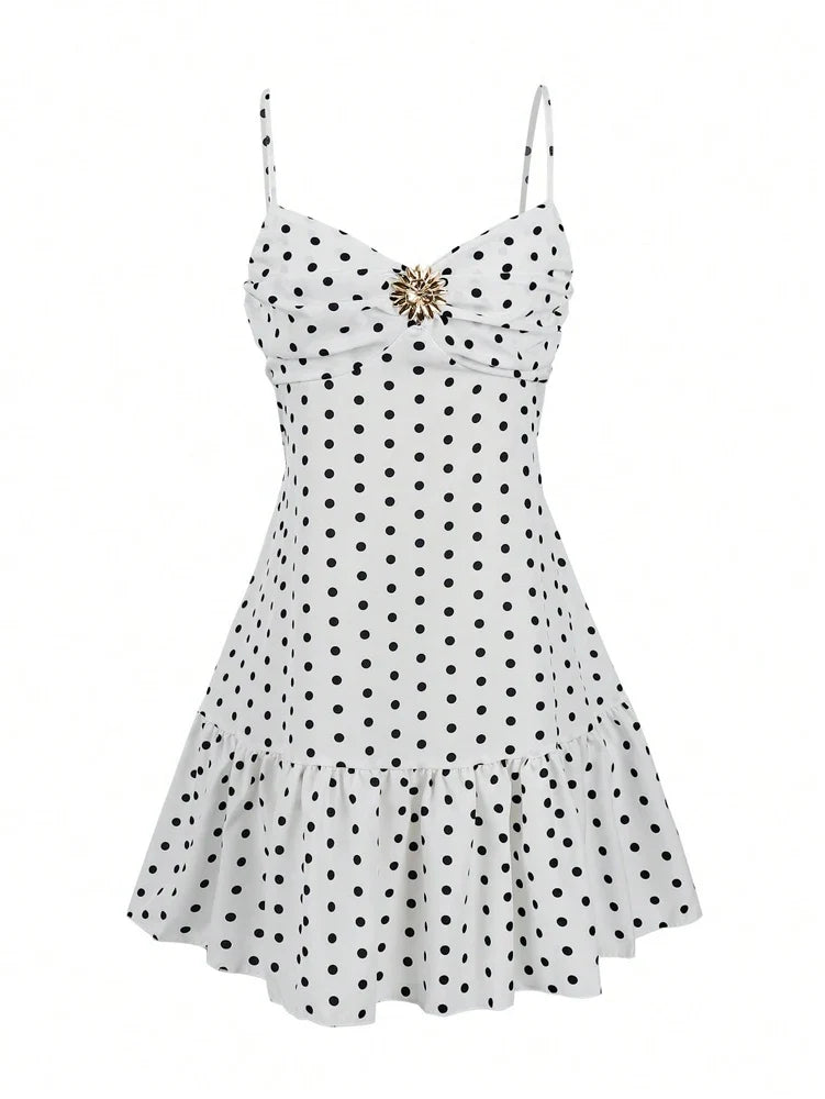 Summer New Women's Polka Dot Mini Dress, Sexy Spaghetti Strap Ruffle